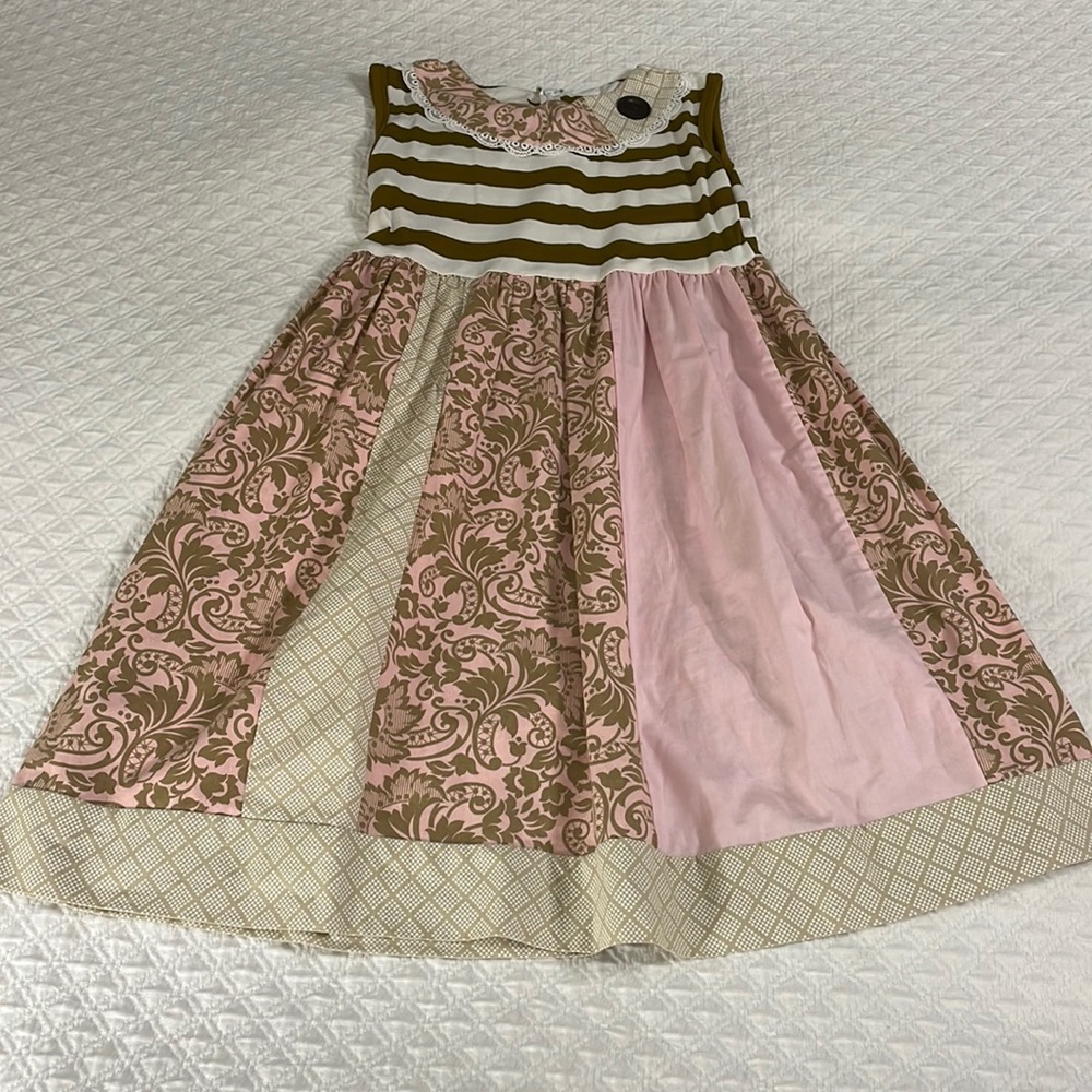 Owls & Bats toile pink grey ivory lace maxi dress beautiful sz 8 girls boutique